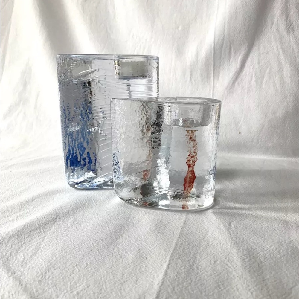 Kosta Boda Sweetheart glass candle holder tea lights set red blue heart